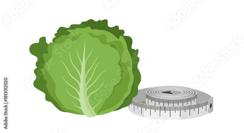 Healthy Lifestyle Concept: Fresh Lettuce and Measuring Tape on Black Background