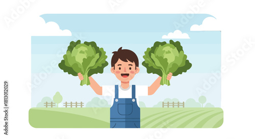 Happy Farmer Showing His Freshly Harvested Lettuce From Verdant Green Fields