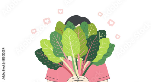 Healthy Lifestyle Depicted Person Holding Leaves in Colorful Vector Design