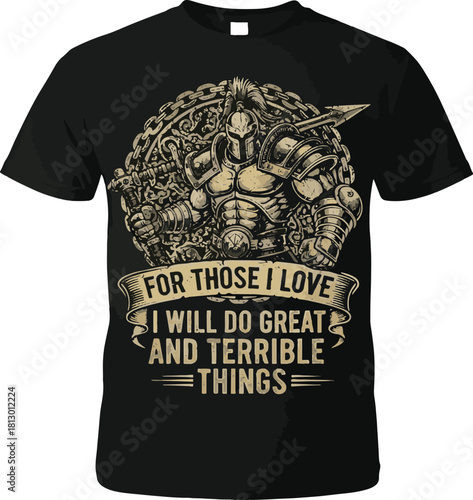 Black t-shirt with warrior graphic and motivational text apparel clothing