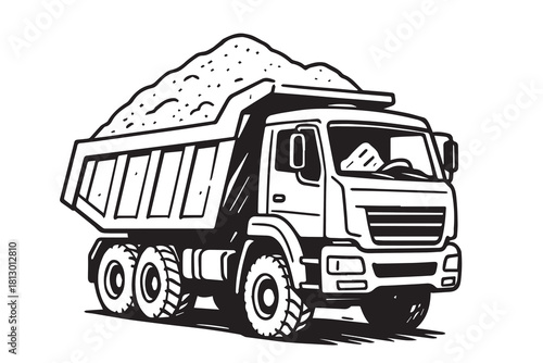A stylized vector depiction of a sand transport truck, rendered with crisp contours and industrial accents that showcase its solid frame, rugged wheels, and spacious cargo container.