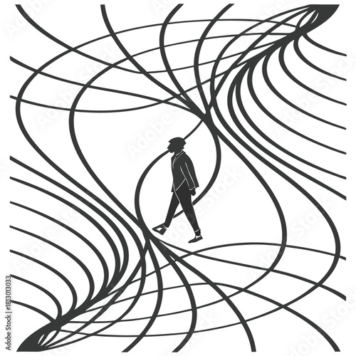 Silhouette of a Man Walking Through Abstract Lines