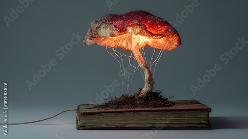Illuminated mushroom lamp on antique book