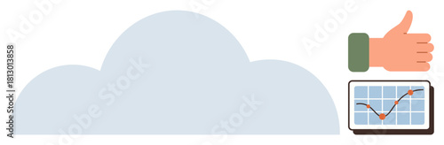 Cloud element, tablet with upward graph, thumbs-up gesture for approval. Ideal for success, technology, growth, business performance, data analytics cloud computing positivity. Simple flat metaphor