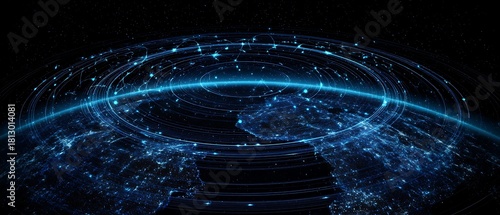 A glowing orbiting ring moves around the world map like data running through space.