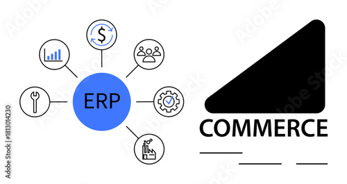 ERP hub connects finance, analytics, HR, tools, and automation icons linking to e-commerce triangle. Ideal for business management, automation, e-commerce, planning integration synergy scalable