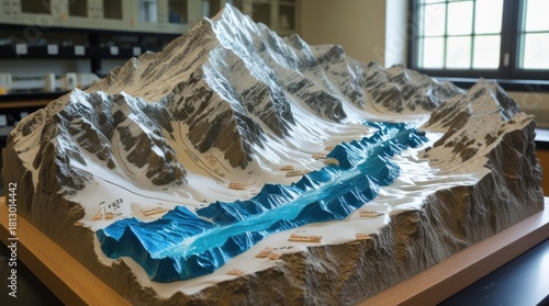 Wallpaper Mural Topography Model Display: A detailed and educational model showcases a cross-section of mountain topography, highlighting the interplay of landforms, glaciers, and bodies of water. Torontodigital.ca