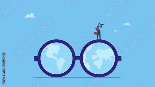 Businessman look through telescope on eyeglasses with world map. Global or world business vision, international business opportunity, searching for job, career or working abroad.