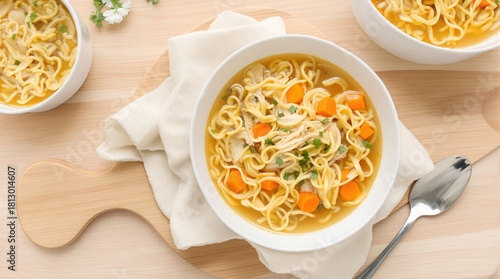Chicken noodle soup with carrots and parsley in a white bowl, ready to eat