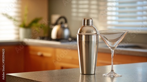 Kitchen counter with cocktail shaker and martini glass