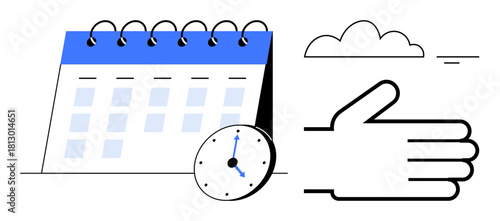 Time management concept. Time management with a calendar, clock, and hand promoting scheduling and productivity. Time management crucial for planning, organization, and task prioritization. Suited