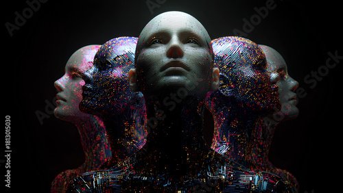 Futuristic Human Faces with Digital Data Particles