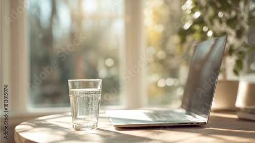 Laptop, water glass, sunlit table
