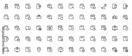 Delivery icon set. Minimal line vector icons pack. Faturing delivery boy, packge, truck, secure, status,location, worldwide, shoppng, arrows and more. Editale stroke.