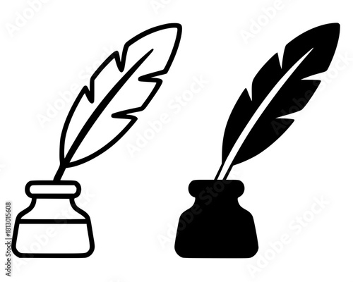 Quill pen and ink illustration, outline and silhouette versions