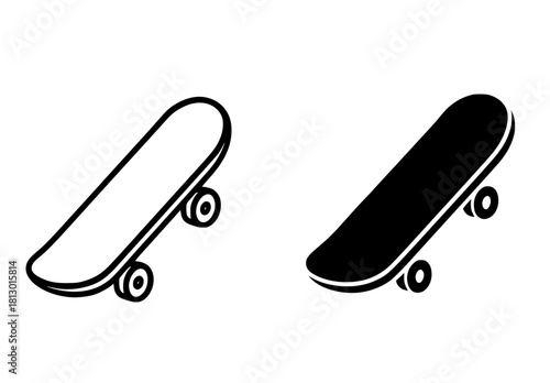 Skateboard illustration, outline and silhouette versions
