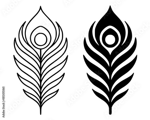 Peacock feather illustration, outline and silhouette versions
