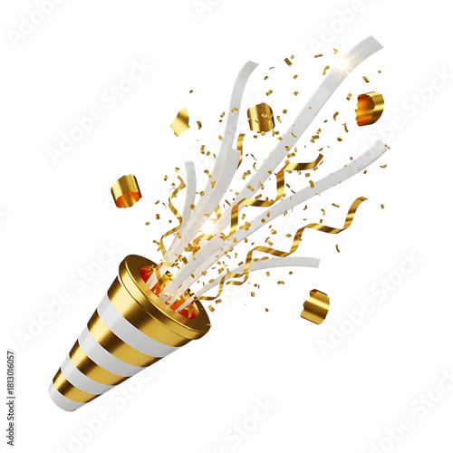 Realistic 3d rendering of a golden and white striped party popper exploding with white streamers and shiny gold confetti, isolated on transparent background for celebration and festive design