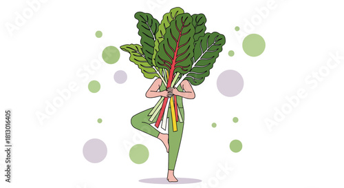 Healthy Living Illustration Depicting Person Performing Yoga Pose with Greens