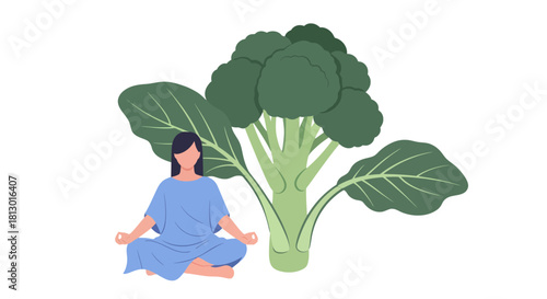 Healthy Mind And Body Connection With Yoga And Fresh Broccoli on Black Backdrop