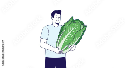 Healthy Man Joyfully Holding a Fresh Green Leafy Vegetable Against Black