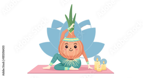 Healthy Onion Yogi Meditating in Lotus Pose on a Black Background for Wellness