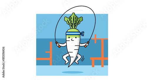 Healthy Radish Character Doing Jumping Rope Exercise In A Playful And Energetic Style