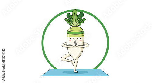 Healthy Radish Embracing Yoga Practice, Demonstrating Balance and Mindfulness on a Dark Backdrop