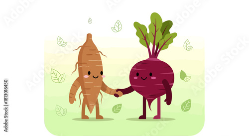Healthy Roots And Beet Friends Shaking Hands Together With Smiling Faces And Joyful Expressions