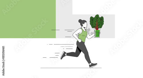 Healthy Runner Woman With Fresh Greens And Running Silhouette Minimalism Art