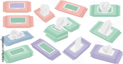 Colorful Packaged Tissues in Soft Pastel Colors on White Background
