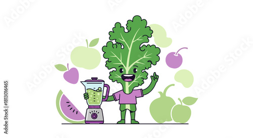 Healthy Smoothie Cartoon Character Posing With Fruits And Blender Against Black Backdrop