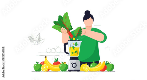 Healthy Smoothie Preparation: A Vibrant Illustration of Fresh Ingredients and Blender Action