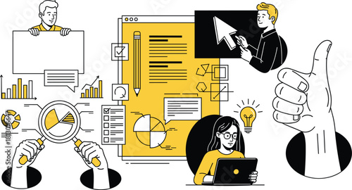 Business and technology concept represented by different illustrated objects and elements in black and yellow colors