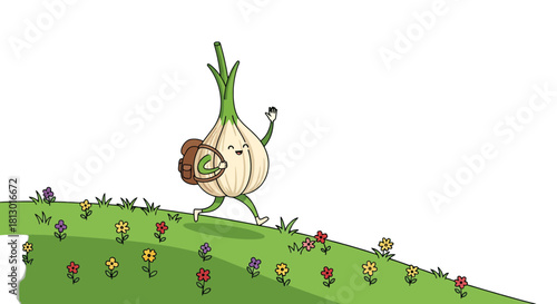 Humorous Garlic Bulb Character Embarks On Journey Through Colorful Field of Flowers