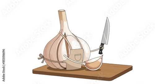 Humorous Garlic Character Slicing Itself On a Wooden Cutting Board With a Knife