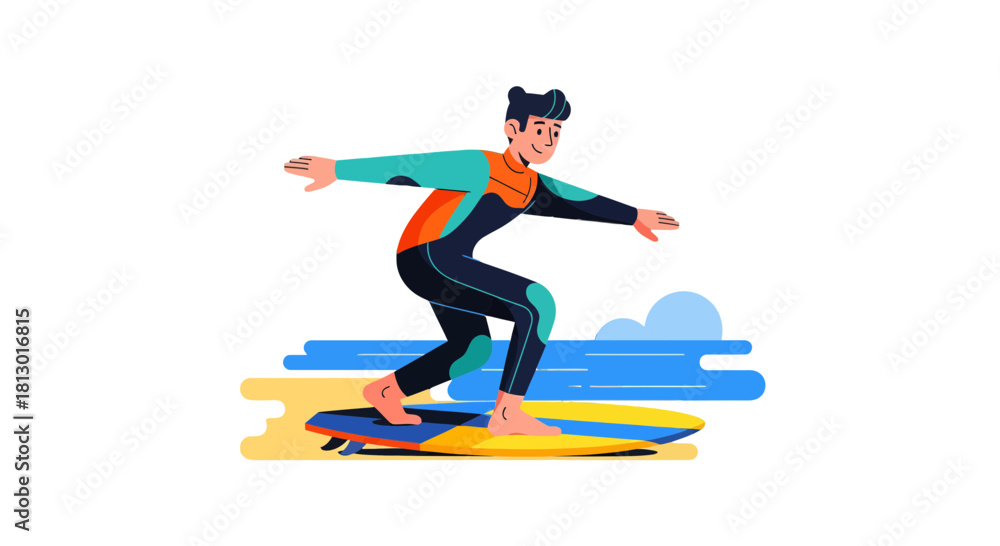 Fototapeta premium Illustrated Surfer Enjoying The Waves and The Sun on His Surfboard Against Black Background