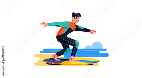 Illustrated Surfer Enjoying The Waves and The Sun on His Surfboard Against Black Background