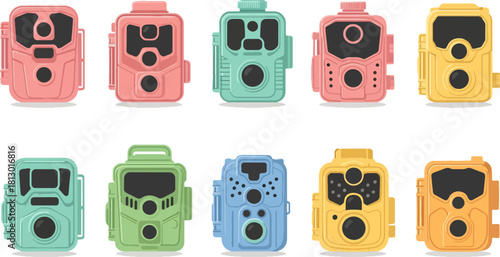 Colorful Vintage Camera Toys Collection in Bright Colors for Kids and Photography Enthusiasts