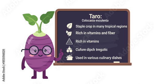 Illustrated Taro Plant Character Presenting Information About Its Uses And Origins