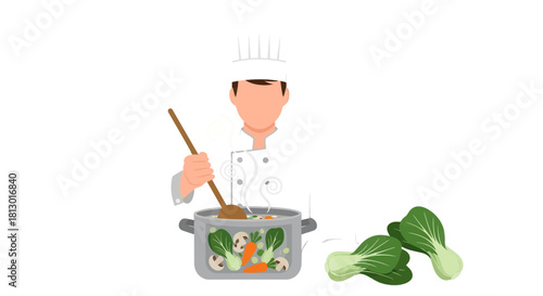 Illustration Of A Chef Cooking A Stew With Vegetables In Black Background.