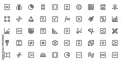 Maths icon set. Vector illustration. Includes symbol for calculator, pie chart square root, infinity, fuction, graph, geometry, alebra and more.