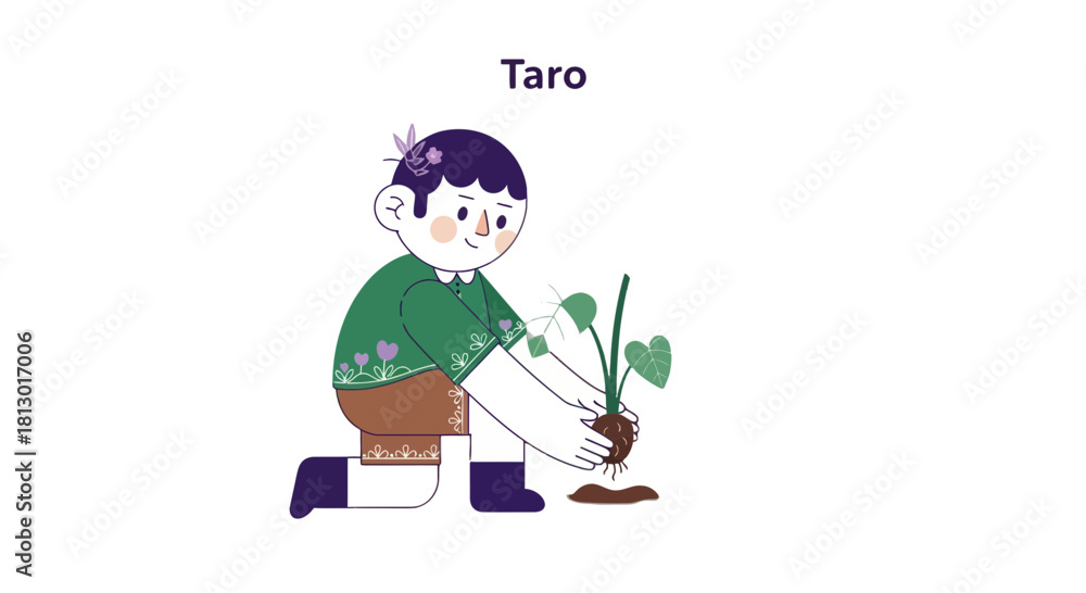 Fototapeta premium Illustration Of A Person Planting A Seedling, Showcasing Nature And Growth With The Taro Plant