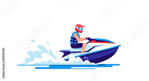 Illustration Of A Person Riding A Jet Ski Across Water with Dramatic Splashes