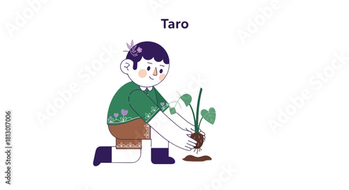 Illustration Of A Person Planting A Seedling, Showcasing Nature And Growth With The Taro Plant
