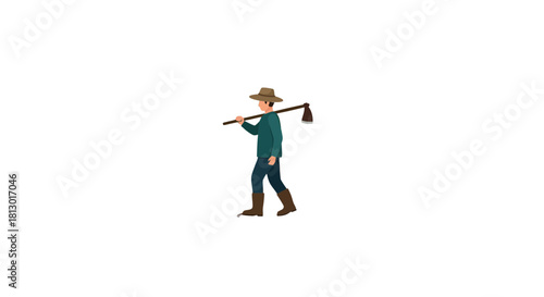 Illustration Of A Strolling Countryside Worker Carrying Farming Equipment On His Shoulder