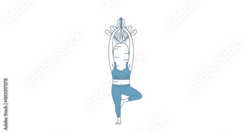 Illustration Of A Woman Doing Yoga Posing On One Leg With A Plant