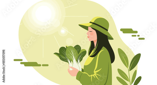 Illustration Of A Woman Holding Fresh Bok Choy Under The Summer Sunshine