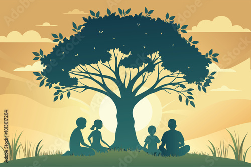 Family sharing stories under a majestic tree in a serene landscape, creating lasting memories together in a peaceful, natural setting at sunset