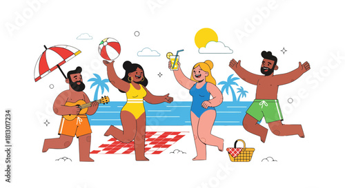 Illustration Of Friends Having Fun At The Beach With Recreational Activities